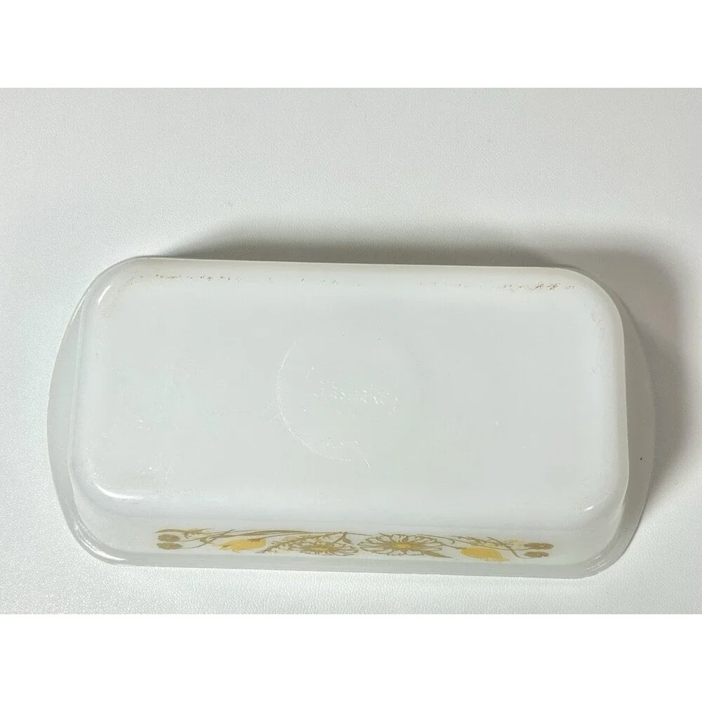 Vintage Glasbake White Glass Yellow / Brown Daisies Baking Loaf Pan Dish